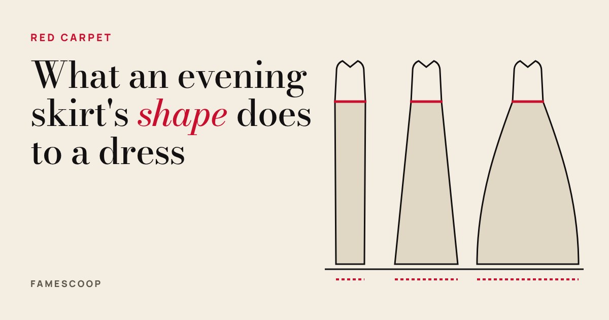 Three simple dress outlines side by side: a narrow column skirt, a widening A-line skirt and a full ball skirt