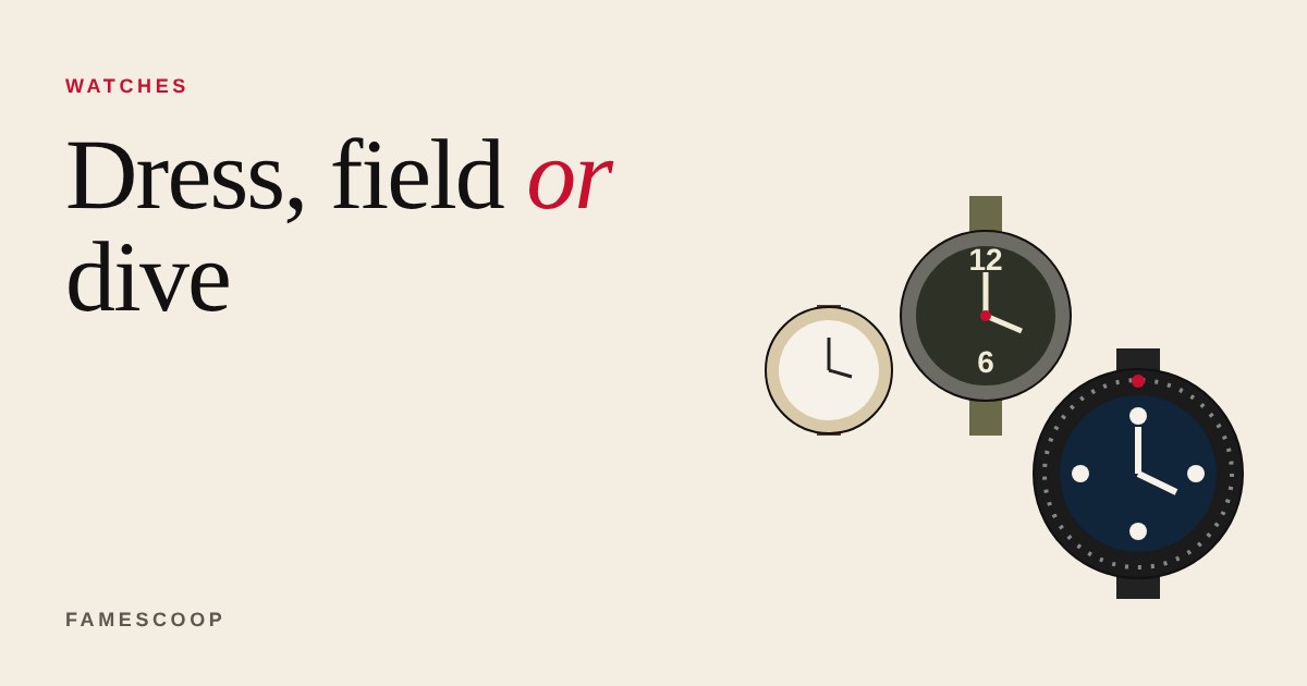 Three illustrated watch faces side by side: a dress watch, a field watch and a dive watch