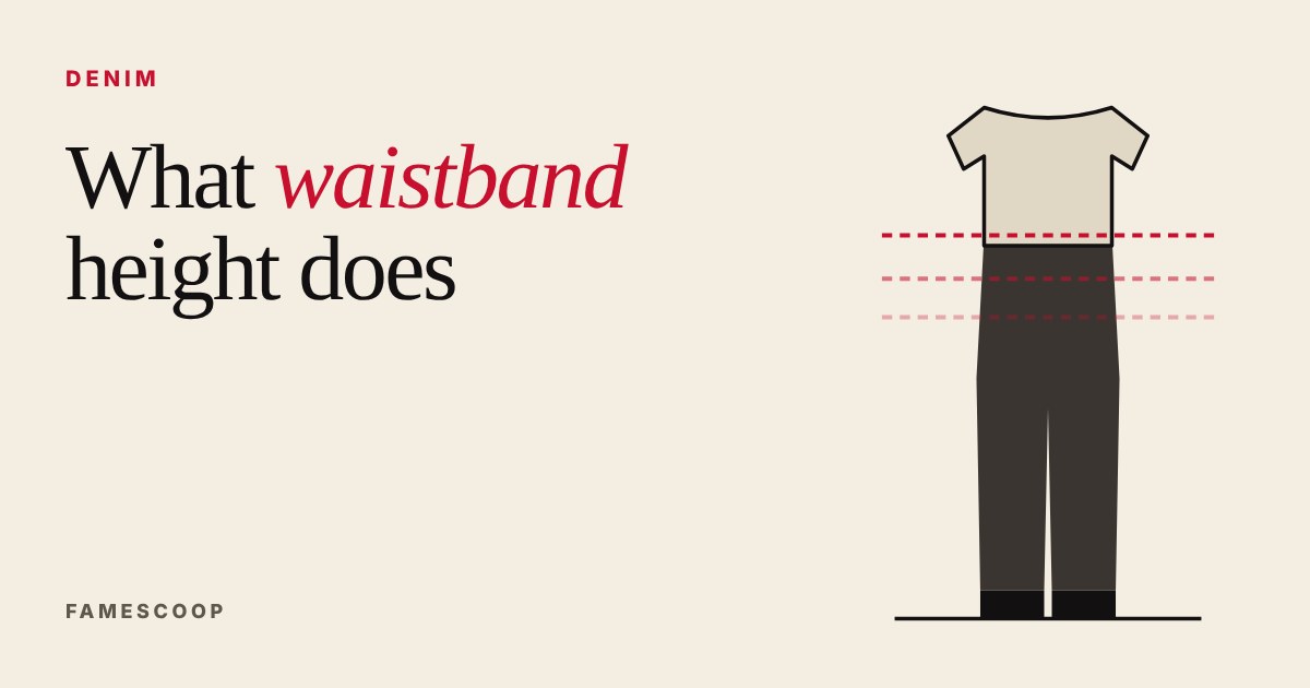 Outline of a tee over jeans with three dashed red lines showing different waistband heights