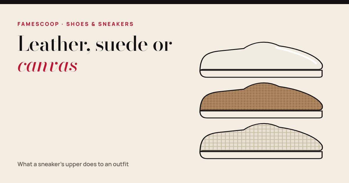 Three low-top sneakers stacked: smooth white leather, brown suede and woven canvas