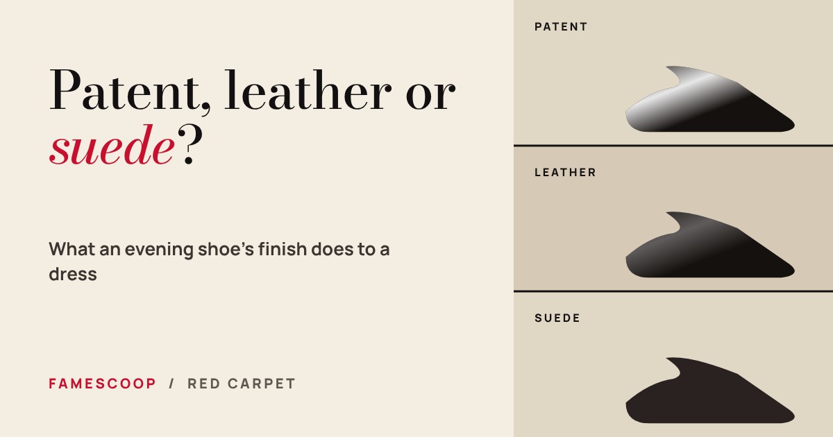 Three black evening shoe silhouettes labelled patent, leather and suede, each with a different amount of shine