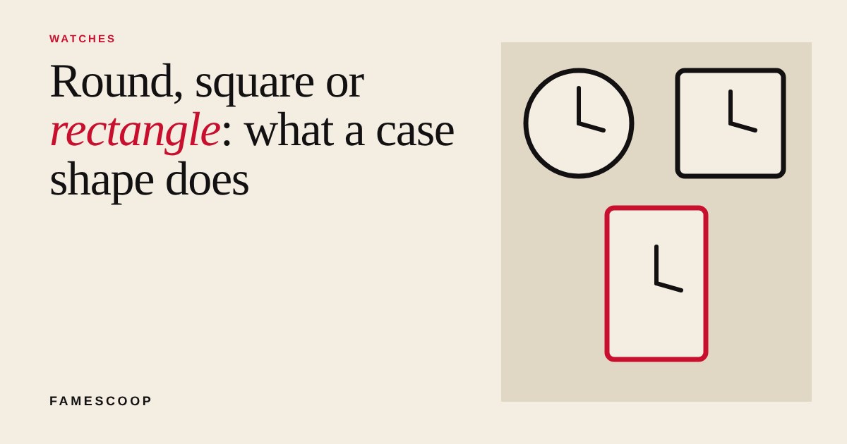 Three simple watch faces drawn side by side: a round case, a square case and a rectangular case in red