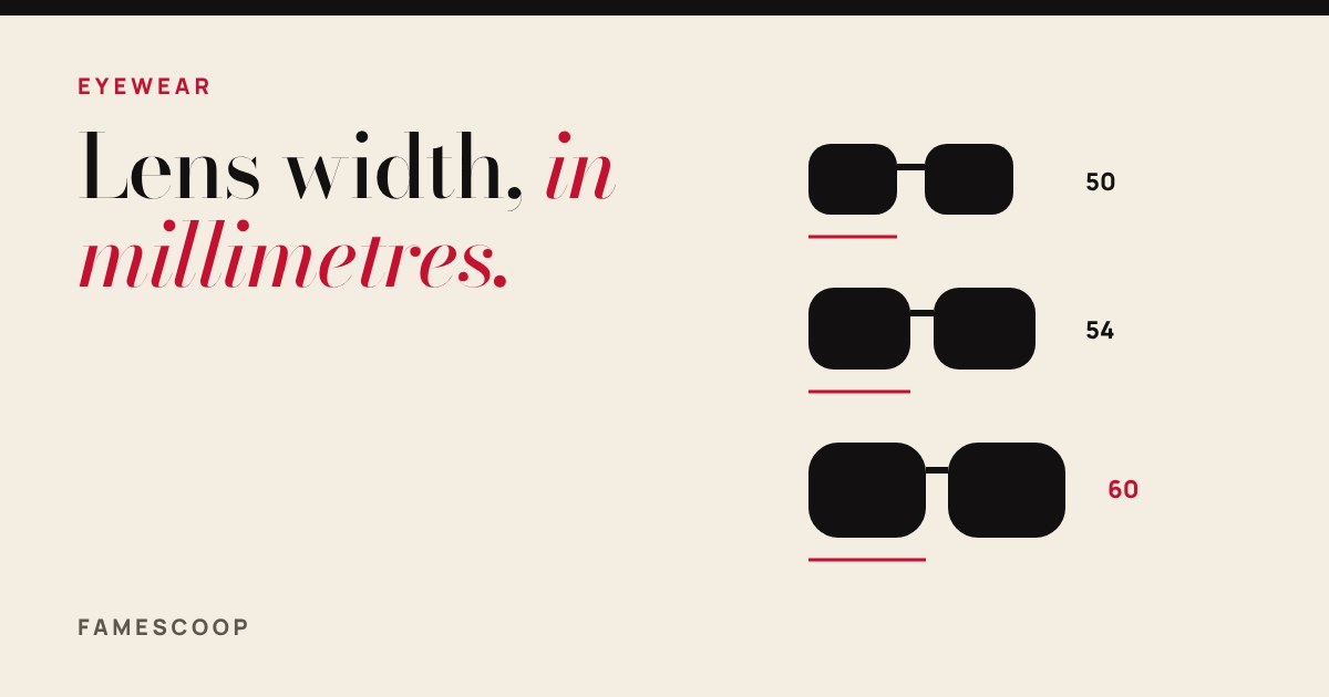 Three pairs of black sunglasses in small, medium and large lens widths, with the widths marked in millimetres