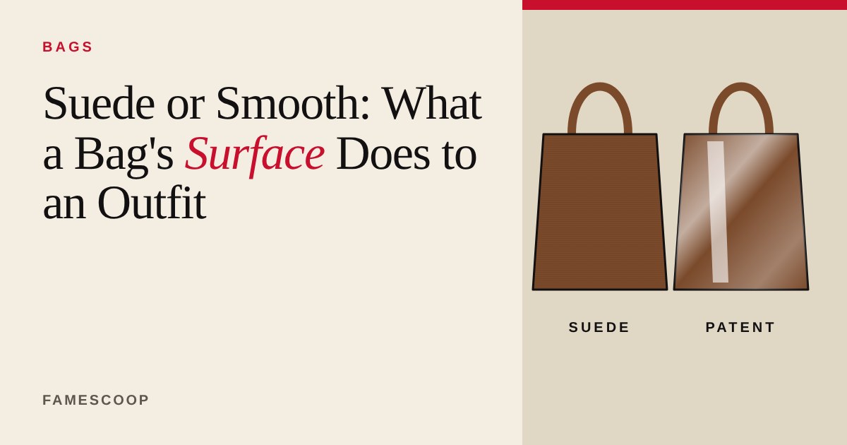 Two brown bag illustrations side by side, one matt suede and one glossy patent with a light streak